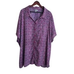 Catherines Women Tunic Top 4X Purple Abstract Geometric Button‎ Up Workwear